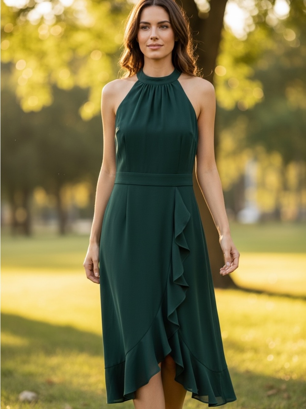 Classic Sleeveless Halter Ruffle High-Low Dress in Deep Green